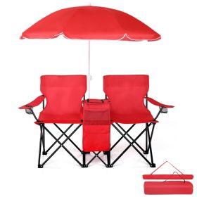 Camping Chairs, Folding Double Chair With Removable Umbrella, Cup Holders, Cooler Bag, Side Pocket & Carry Bag, For Beach, Outdoor, Sports, Conce (Option: Red)