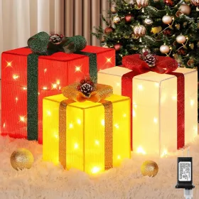3 Pieces Large Gift Boxes For Christmas Decorations Outdoor, 10" 8" 6" With Pre-lit 70 LED Mini String Lights, Plug-in Warm White Present Boxes W (Option: RedWhiteYellow)
