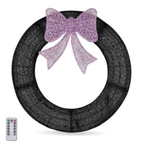 36in Pre-lit Outdoor Christmas Wreath Decoration, Lighted Metal Wreath With Purple Bow, Remote Control LED Lights With Timer, For Front Door Gate (Option: Default title)