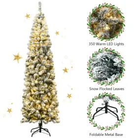 7.5ft Snow Flocked Pencil Christmas Tree - 641 Branch Tips, 350 Warm LED Lights, PVC+Metal (Option: defaulttitle)