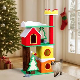 56in Christmas Themed Plush Cat Tree, Multi-level Cat Tower With Cat Condos, Top Crown Perch, Sisal Ramp Scratching Posts, Large Cat Pet Activity (Option: Default title)