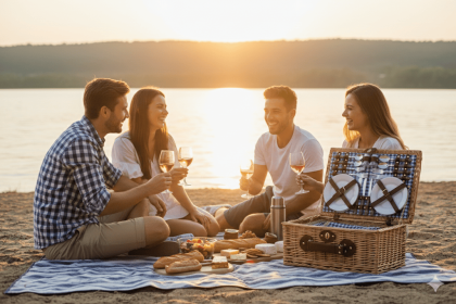 Wicker Picnic Basket Set For Four Gingham Liner, Willow Hamper (Option: Blue)