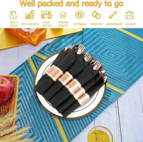 50 Pack Pre Rolled Rose Gold Plastic Silverware Set,Wrapped Plastic Cutlery Set With Napkin Include 50 Forks,50 Spoons,50 Knives And 50 Black Nap (Option: 50packblackgold)