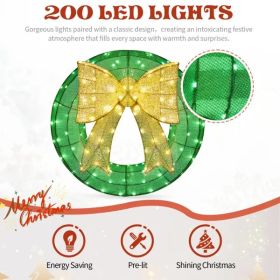 24in Pre-lit Outdoor Christmas Wreath Decoration, Lighted Metal Wreath With Golden Bow, Green And Warm White LED Lights, For Front Door Gate Wall (Option: Default title)