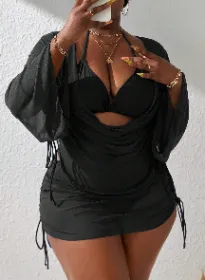 Women's Plus Size Sexy 4 Piece Swimsuits Halter Bikini Sets With Drawstring Long Sleeve Cover Up Bathing (Option: 2xl)