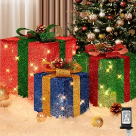 3 Pieces Large Gift Boxes For Christmas Decorations Outdoor, 10" 8" 6" With Pre-lit 70 LED Mini String Lights, Plug-in Warm White Present Boxes W (Option: RedGreenBlue)