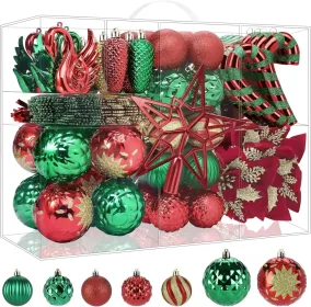128pcs Christmas Balls Ornaments Set, Shatterproof Plastic Baubles Christmas Flowers, Ribbon Tree Topper For Xmas Tree Holiday Wedding Party Deco (Option: RedGreenGold)