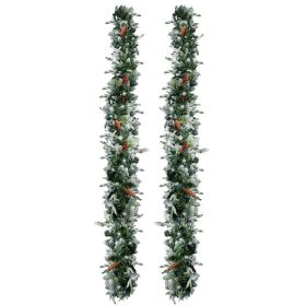 2 Pack 9FT Pre-lit Snow Flocked Christmas Garland, Lighted Artificial Xmas Garland With 200 Warm Lights And 440 Tips And Red Berries, For Front D (Option: Default title)