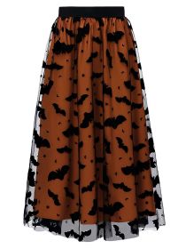Women's Witchy Tulle Tutu Skirt, Halloween Dress Pumpkin Skirt Velvet Bats Elastic Waist Layered Mesh Midi Skirt Witchy Clothes For Halloween Par (Option: W13790536)