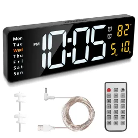 15.7in LED Digital Wall Clock With Remote Control 10 Level Brightness 3 Alarm Settings 12 24Hr Format Timing Countdown Temperature Calendar Displ (Option: Black)