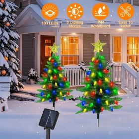 2Pack 37.4in Height Solar Christmas Tree With Colorful LED Beads 8 Lighting Modes For Xmas Decoration IP44 Waterproof Outdoor Pathway Stake Light (Option: Green)
