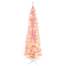 7' Tall Pre-Lit Slim Noble Fir Artificial Christmas Tree With 200 Warm White LED Lights And 499 Tips, For Christmas Decoration, Pink (Option: defaulttitle)