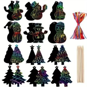 48 Pcs Christmas Scratch Paper Xmas Tree Snowman Shaped Rainbow Color Scratch Ornaments DIY Christmas Crafts Kits With Sticks And Ribbon For Xmas (Option: 48Pack)