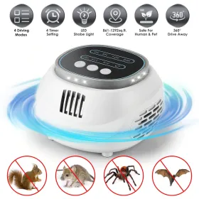 Ultrasonic Rodent Chaser Rat Repellent Pest Driver Mouse Control Squirrel Repeller With 4 Modes 4-65KHz Strobe Light 4 Timer 1292sq.ft. Coverage (Option: White)