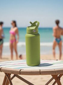 Sports Water Bottle With Portable Handle, Straw, Stainless Steel, American-style, Wide-mouth, Thermal Insulation Cup (Option: Green)