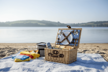 Wicker Picnic Basket Set For 2 Gingham Liner, Plates & Cutlery (Option: Blue)