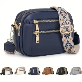 Handmade Women's Multi-Compartment Crossbody Bag & Wallet With Adjustable Strap, Golden-Tone Hardware, Zipper Closure - Premium Second-Layer Leat (Option: Blue)