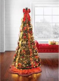 6 Ft Fully Decorated Pre-Lit Pop-Up Christmas Tree With 350 Warm Lights & Included Stand, Collapsible, Easy Assembly - Silver Gold (Option: RedGold)