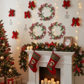 3PCS Set Christmas Door Wreath With Pine Cones & Greenery 13 Red Berry Holly Wreath For Holiday Home Decor FBA Shipment (Option: Default title)