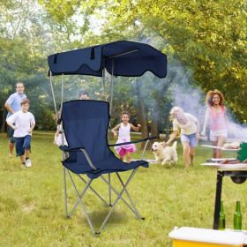 Foldable Beach Canopy Chair Sun Protection Camping Lawn Canopy Chair 330LBS Load Folding Seat w/ Cup Holder For Beach Poolside Travel Picnic (Color: NavyBlue)