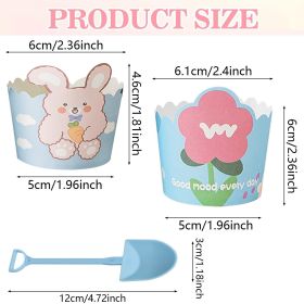 Cute Cupcake Liners Wrappers With Plastic Spoons Bunny Flower Pattern Paper Baking Cup Scalloped Edge Cupcake Muffin Cases For Easter Spring Birt (Option: BluePink)