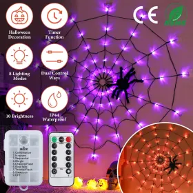 1Pc 3.28FT Spider Web Light With Hairy Spider 70LED Battery Powered Remote Control 8 Lighting Modes Glowing Outdoor Indoor Wall Halloween Decorat (Option: PurpleLight)