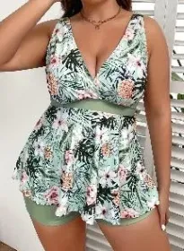 Swimsuits For Women Tropical Print V Neck Tops And Shorts Bathing Suits Two Piece Swimsuit (Option: 3xl)