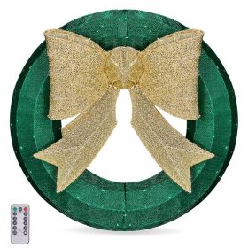 24in Pre-lit Outdoor Christmas Wreath Decoration, Lighted Metal Wreath With Golden Bow, Green And Warm White LED Lights, For Front Door Gate Wall (Option: Green  Warm white)