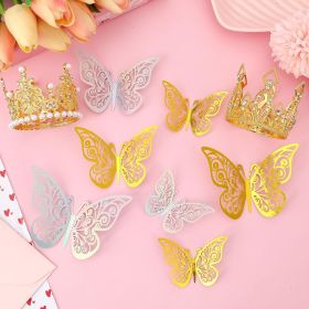 Flower Bouquet Accessories Set 24pcs 3D Hollow Butterflies 2pcs Gold Crowns 2 Tubes Of Sliver Glitter Powder,Mini Crowns For Mothers Day Cake Dec (Option: W13572344)