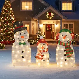 3-Piece Lighted Snowman Family Decor - 95 Warm-White LEDs, Metal+Fabric, 30.5"/25.5"/20.5" Sizes (Multi-Color) (Option: defaulttitle)
