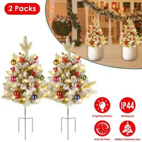 2Pcs Battery Powered Lighted Christmas Tree Urn Filler With Light Artificial Xmas Trees Light With Berries Balls LED Pathway Pine Tree IP44 Water (Option: Battery Powered)