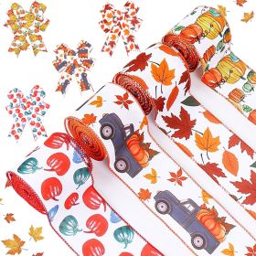 4Rolls 20Yards Thanksgiving Ribbons Autumn Wired Edge Ribbon Fall Themed Decorative Ribbon Pumpkin Maple Leaf Truck Grosgrain Ribbon For Thanksgi (Option: Orange)