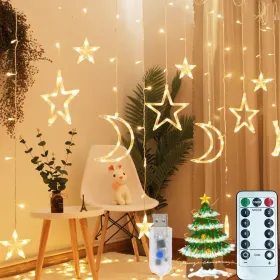 Ramadan Solar Icicle Lights,Outdoor Waterproof Moons Stars Curtain Window String With 8 Modes Timer Remote,USB Rechargeable Connectable Warm Whit (Option: 2pcs)