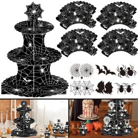3 Tier Halloween Cupcake Stand Black Spider Web Cardboard Cupcake Stand Spider Bat Cupcake Toppers Halloween Cupcake Holder Tower For Halloween B (Option: As shown)