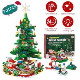 Christmas Tree Building Toy - 701 Pcs With 24-Day Countdown Calendar, 30 LED Warm Lights USB Powered - Santa, Ornaments, Snowflake Topper - Educa (Option: Default title)