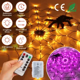 1Pc 3.28FT Spider Web Light With Hairy Spider 70LED Battery Powered Remote Control 8 Lighting Modes Glowing Outdoor Indoor Wall Halloween Decorat (Option: WarmLight)